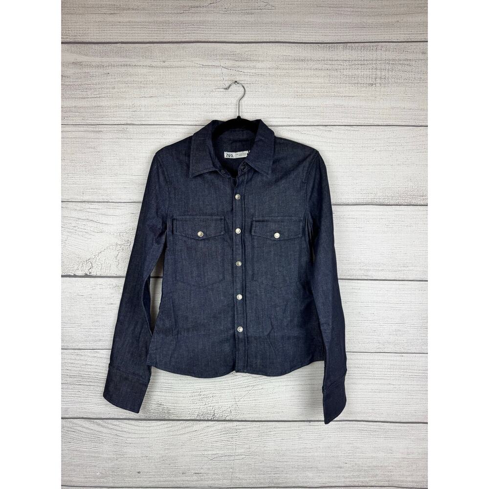 Zara Women's Blue Denim Dark Wash Snap Up Olivia Shirt Size Medium